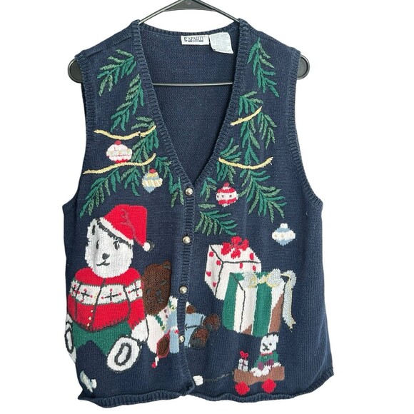 VTG‎ Christmas holiday 2X Women Medium Christmas Teddy Bear Knit Sweater Vest - Picture 1 of 10